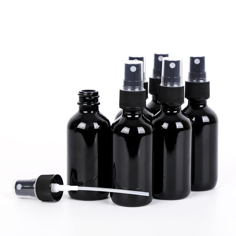 YONKAN 2oz UV Resistant Glass Spray Bottle, Fine Mist Boston Glass Bottles with Black Fine Mist Sprayer Small Clear Bottles for Essential Oils, Bath, Beauty, Hair & Cleaning, Black, Pack of 48