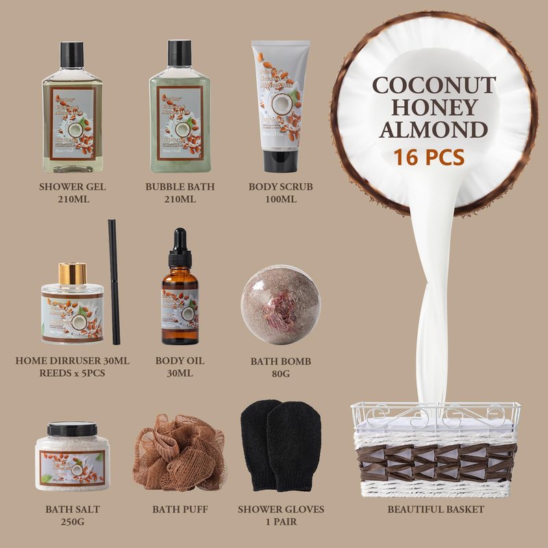 Fathers Day Gifts for Dad, Coconut Almond spa kit, Bath and Body Gift Basket for Women & Men Spa Gift Basket,Large Bath Gift Set With Fragrant Lotion, Home Spa Kit, Self-Care Gift, Diffuser