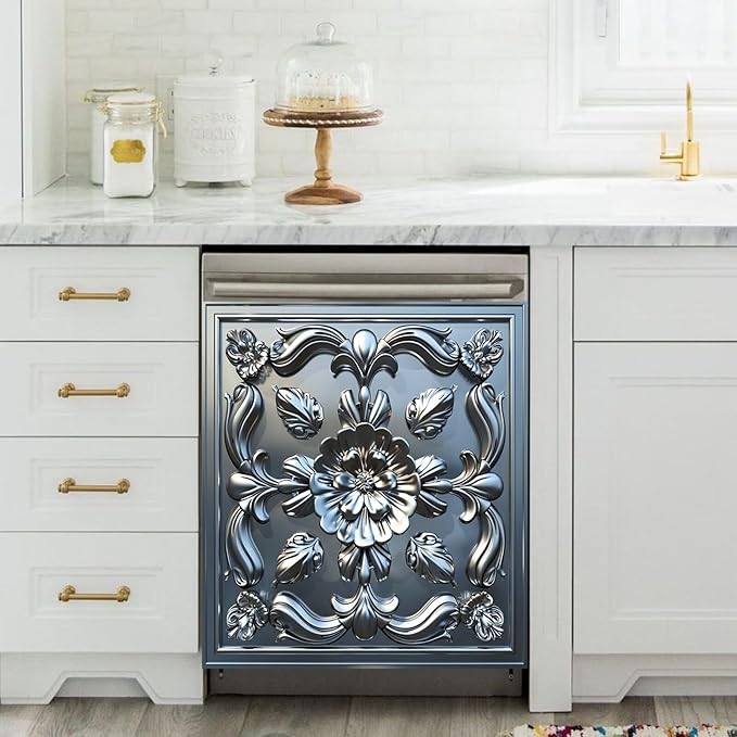Stainless Steel Flower Pattern Dishwasher Magnetic Cover 3D Effect Decorate Panel Decal for Refrigerator Fridge Magnet Beautiful Flowers Magnets for Kitchen Home 23"x26"