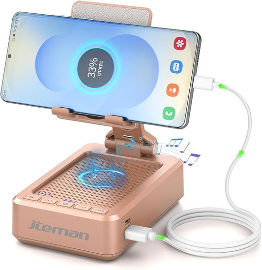 JTEMAN Cell Phone Stand with Bluetooth Speaker and Charging Function, HD Sound Adjustable Phone Holder, Birthday Gifts for Men Women, Cool Tech Kitchen Gadgets for All Phones,Tablet (Rose Gold)