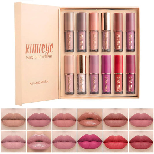 KIMIEYE 12Pcs Velvet Matte Liquid Lipstick Set, Waterproof Long Lasting Quick-drying Non-Stick Cup Nude Lip Stain Kit, Up to 24H Wear, Professional Lip Makeup Gift Kit for Women (SET A)