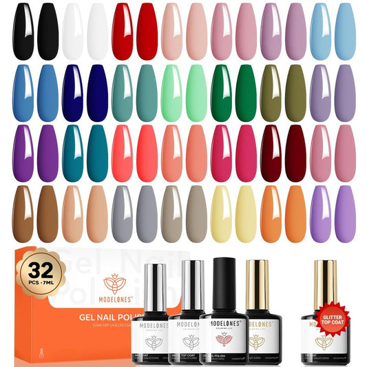Modelones Gel Nail Polish Set - 32 PCS with 28 Colors, No Wipe Base Coat & Top Coats | Salon Quality Nail Art at Home