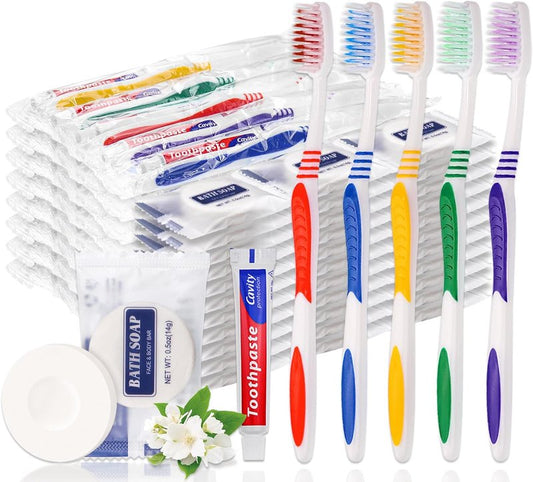 Disposable Toothbrush Set - 50 Individually Wrapped Toothbrushes with Toothpaste & Soap | 5 Colors, 0.5 oz Bars