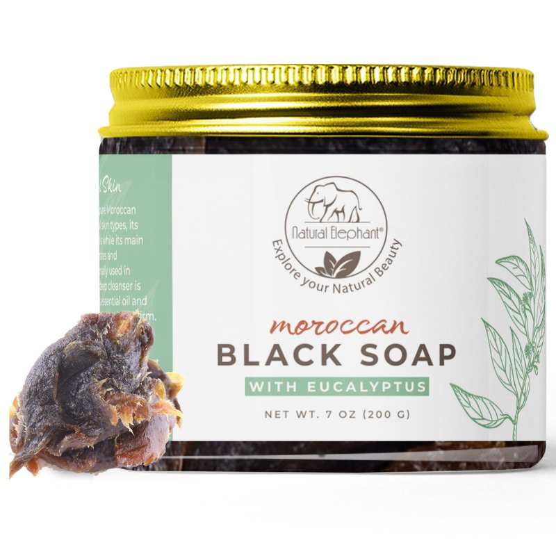 Natural Elephant Premium Kessa Hammam Glove and Moroccan Black Soap with Eucalyptus Essential Oil 200g (7oz) Combo Spa Exfoliation Kit