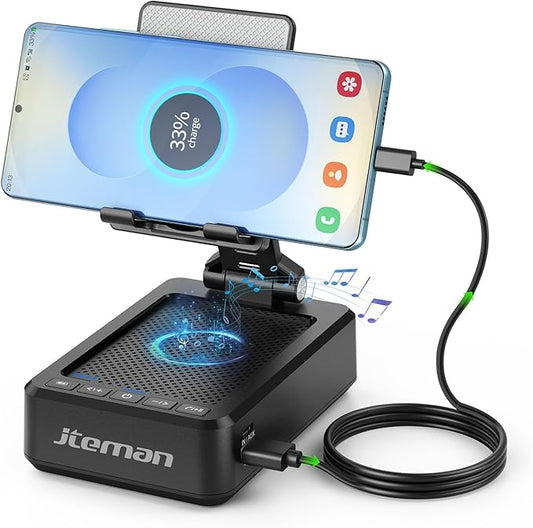 JTEMAN Cell Phone Stand with Bluetooth Speaker and Charging Function, HD Sound Adjustable Phone Holder, Birthday Gifts for Men Women, Cool Tech Kitchen Gadgets for All Phones,Tablet (Black)