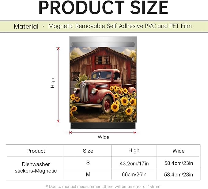 Farm Red Truck Dishwasher Magnet Cover Country Refrigerator Sticker for Kitchen Decor, Farmhouse Sunflower Magnetic Dishwasher Cover Panel, Reusable and Removable (23" W x 17" H Magnetic)