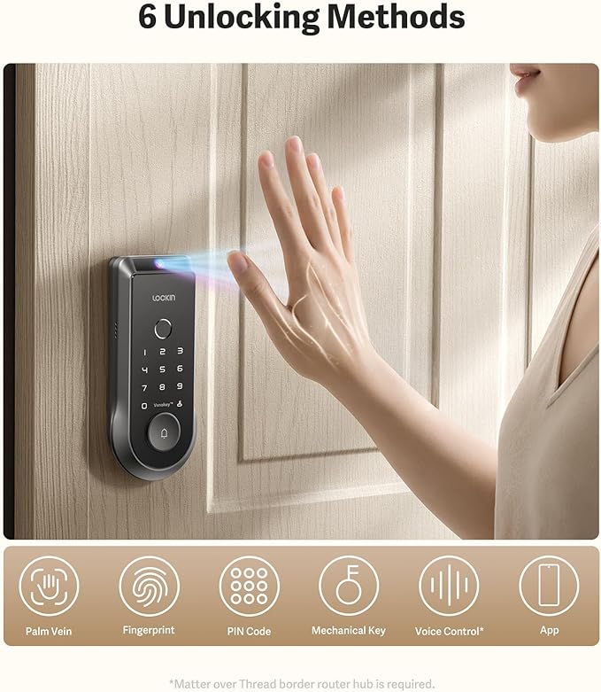 Lockin Venoris Smart Lock - Palm Vein & Fingerprint Keyless Entry Door Lock - 6 Unlock Methods - Built-in WiFi - Smart Home Compatible - No Monthly Subscription - 7-Month Battery Life