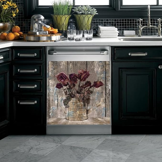 Retro Farm Wood Dishwasher Cover Door Decorative,Retro Rose Dishwasher Magnet Cover Front Sticker,Vintage Farm Floral Dishwasher Decal Home Appliance Panel Stickers 23"x26"
