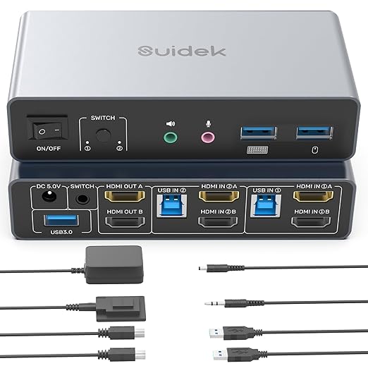 SUIDEK HDMI KVM Switch 2 Monitors 2 Computers - 4K@60Hz Aluminum with 3 USB 3.0 Ports Audio & Microphone Ports Share Dual Monitors Keyboard Mouse Printer - 2 USB Cable Controller Adapter