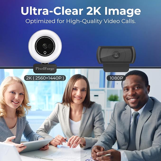 PixelForge 2K Webcam for PC with Microphone & Light & Privacy Cover, Web Camera for Desktop Computer/Laptop/Monitor/Mac, USB Streaming Camera for Zoom/Skype/Teams/Video Calling/Studying and Conference