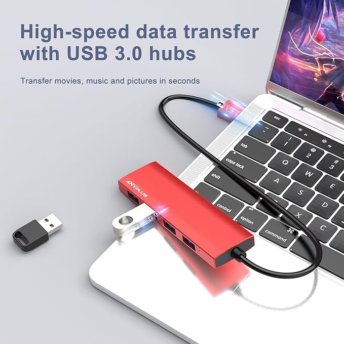 ANYPLUS USB Hub, USB 3.0 Hub Aluminum Alloy Ultra Slim USB Splitter, Portable 4 Port USB Extender, USB Hub for Laptop, PC, MacBook, iMac, Surface Pro, Mac Pro, Flash Drive, XPS 【Red】
