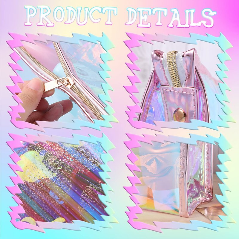 BESARME 10 Pcs Holographic Makeup Bags, Clear PVC Travel Toiletry Bag Iridescent Pouch Portable Zippered Waterproof Cosmetic Bag SPA Bathroom Vacation Party Favors Bachelorette Gifts Wedding Favors