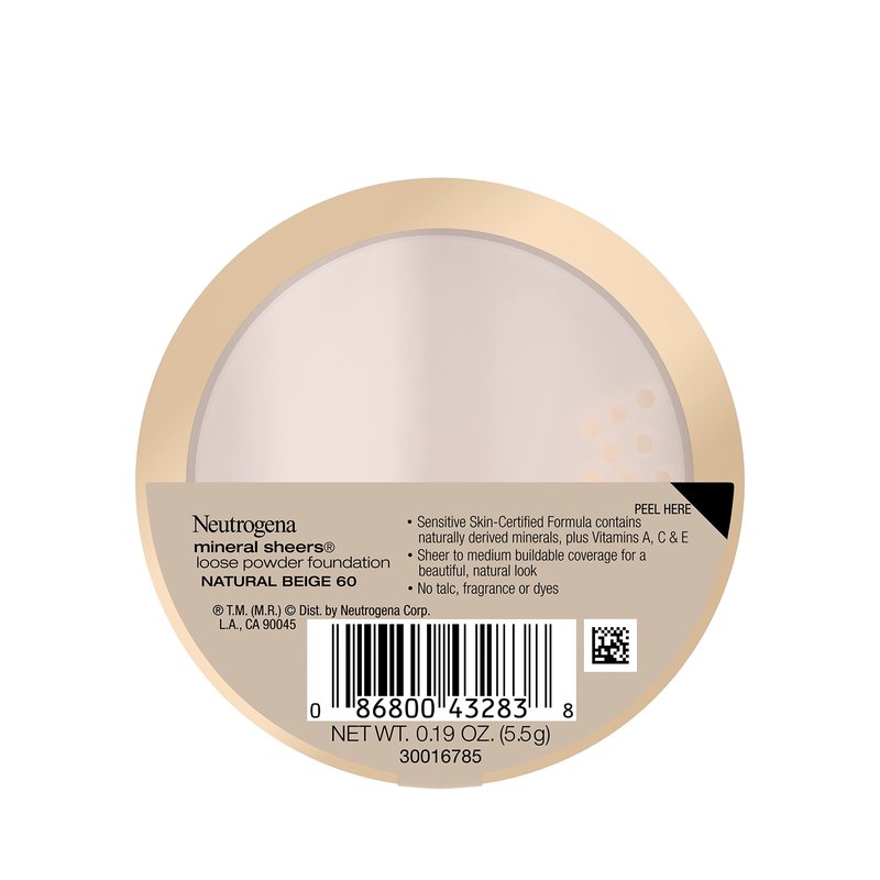 Neutrogena Mineral Sheers Foundation, Loose Powder, Sheer to Medium Coverage | With Vitamins A, C & E | Tone Enhancer | Natural Beige | .19 oz