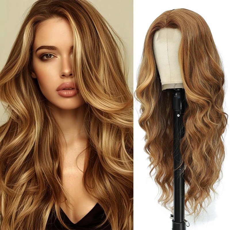 HMHIFI Long Brown Mixed Blonde Wigs for Women Highlights Blonde Wig Natural Middle Part Synthetic Curly Hair Heat Resistant Fiber Hair Replacement Wigs for Daily Party