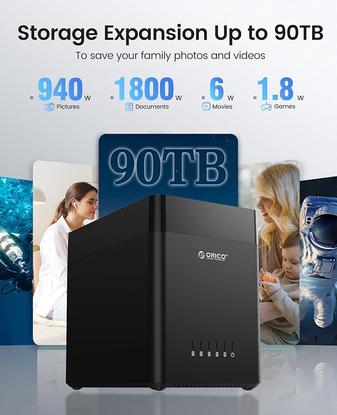 ORICO 5 Bay 3.5 Inch Hard Drive Enclosure USB C to SATA Magnetic Tool-Free External HDD Enclosure with 12V/6.5A Power Adapter for Family Storage Supports 2.5/3.5 inch Drives Max 110TB (5x22TB)