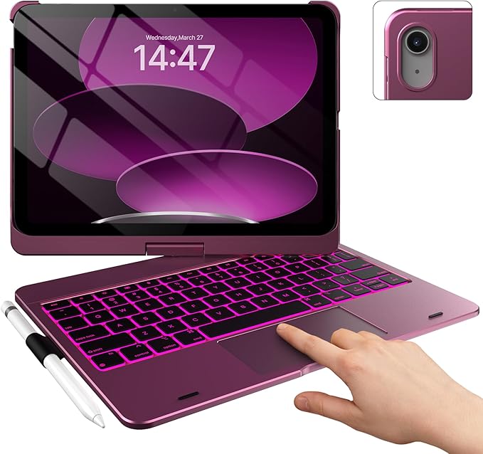 typecase Touch iPad 11th 10th Generation Case with Keyboard (11" 2025, A16 & 10.9" 2022) – 360° Rotatable, 11-Color Backlit, Multi-Touch Trackpad, Pencil Holder, Thin & Light – Raspberry