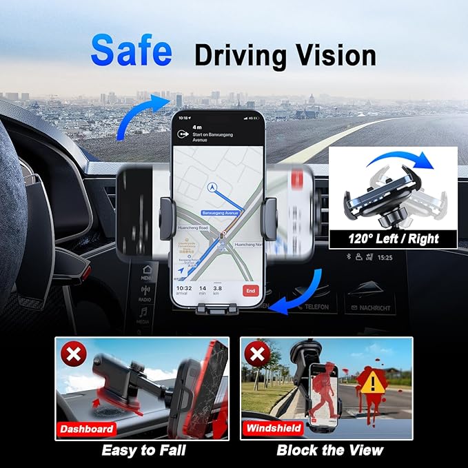 [2026 NEW] Car Phone Holder for Vertical/Horizontal Vent【Upgraded Metal Hook Clip】【Wider Clamp&Fit Thicker Case】Universal Cellphone Stand Car Mount Cradle for iPhone 17 Pro Max 16 15 14 13 Air Android
