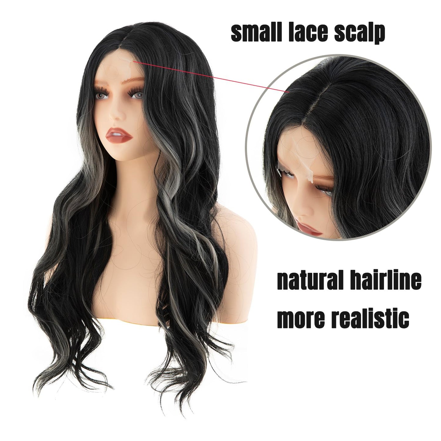 Sallcks Long Ombre Grey Lace Wigs for Women 27.5 inch Long Wavy Middle Part Wig Black Grey Highlight Cosplay Costume Halloween Wig