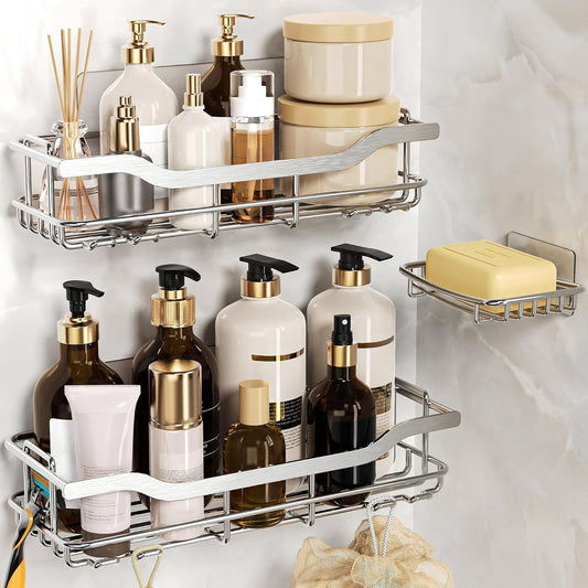OMAIRA Shower Caddy - 3-Pack Rustproof No-Drill Organizer with Soap Holder for Smooth Walls | Silver