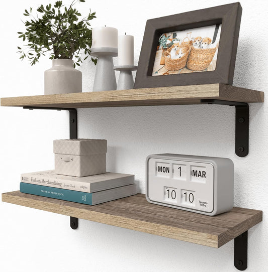 RICHER HOUSE Rustic Wood Shelves - Set of 2 Farmhouse Floating Wall Décor | Carbonized Black