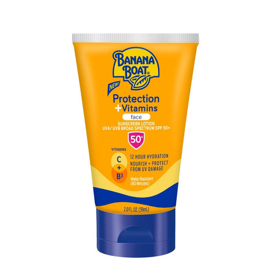 Banana Boat Protection + Vitamins Face Sunscreen Lotion SPF 50 | Travel Size Sunscreen for Face, Moisturizing with Vitamin C & Vitamin B3 Niacinamide, SPF 50 Sunblock Lotion, Fragrance Free, 2Fl Oz