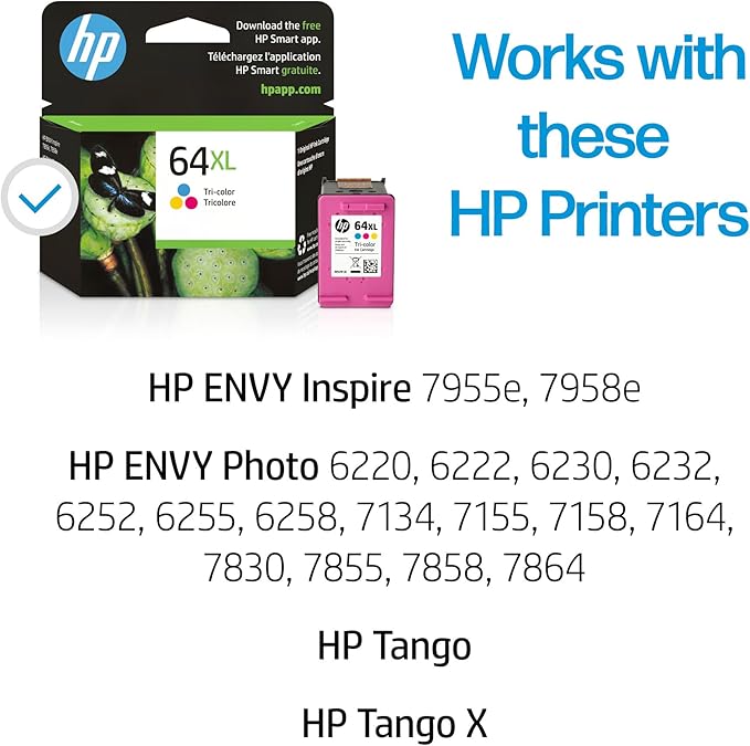 HP 64XL Tri-Color High-Yield Ink Cartridge Printers | Works with Printer Series: Envy Inspire 7950e; Envy Photo 6200, 7100, 7800; Tango | Eligible for Instant Ink | N9J91AN