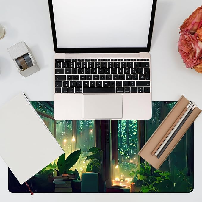 KOAIWPAE Desk Mat, Window View of Forest Desk Pad, Green Atmosphere Large Gaming Mouse Pad for Desk, 31.5"x15.7" Extended Big Computer Keyboard Mouse Pad with Non-Slip Base and Stitched Edge
