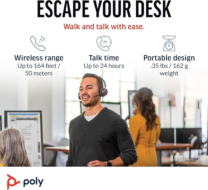 Poly Voyager 4320 UC Wireless Headset & Charge Stand - Noise-Canceling Wireless Headphones with Mic - Connect to PC via USB-C to USB-A Adapter, Cell Phone via Bluetooth, Microsoft Teams Certified