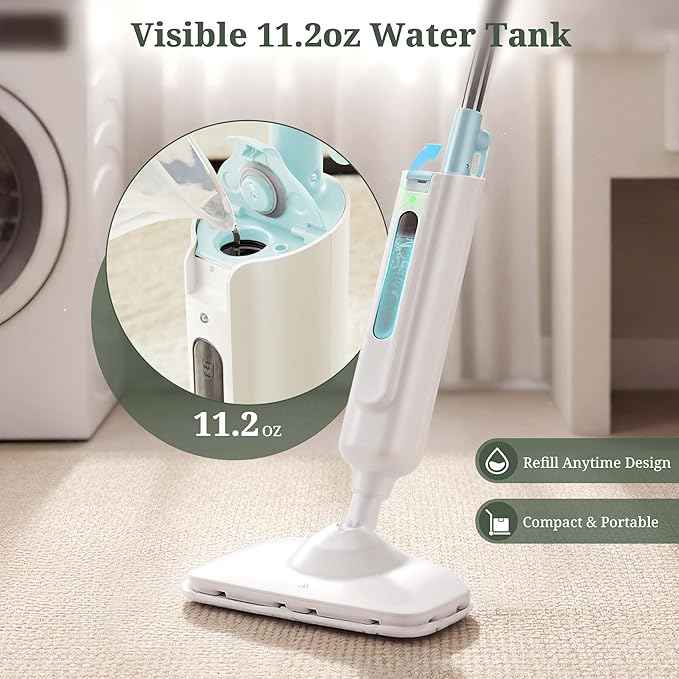 Steam Mop for Floor Cleaning, Lightweight Floor Steamer for Hardwood, Tile, Laminate & Carpet, Quick-Heat Steam Cleaner with Visible Water Tank and 2 Washable Pads, White and Green