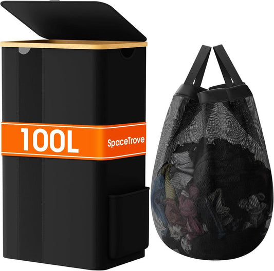 SpaceTrove Laundry Basket Clothes Hamper with Lid and Removable Bag Large Collapsible Laundry Baskets with Handle, Freestanding Hampers for Bedroom Aesthetic, Dorm, Bathroom, Laundry Room 100L (Black)