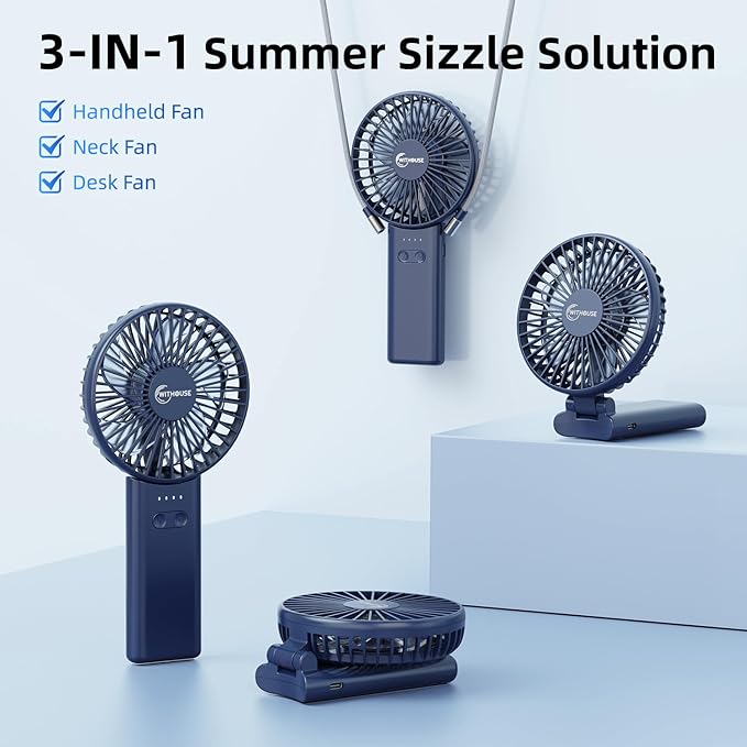 WITHOUSE 【SUPER THIN】 Portable Handheld Fan, 2025 Upgraded Strong Airflow, 20Hrs Runtime, 5000mAh, 180° Foldable, 5 Speeds, 3-IN-1 Mini Hand/Desk/Neck Fans, Travel Essentials Gifts for Women, Men