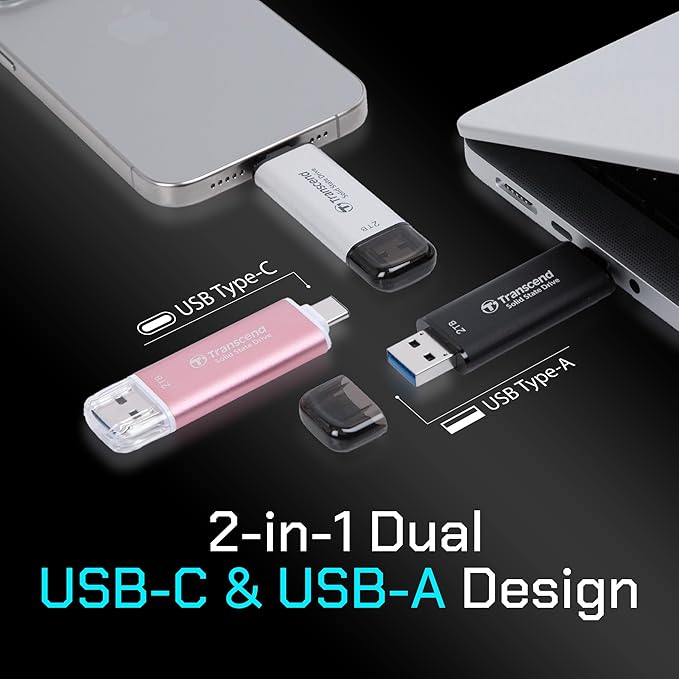 Transcend ESD310 256GB External SSD, Up to 1,050MB/s, Dual USB Flash Drive for iPhone/iPad/Mac/Windows, Android/Tablet/PC, USB 3.2 Gen 2 Thumb Drive Photo Stick, 2-in-1 Type C &Type A Memory Stick