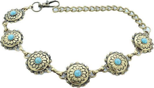 Skiennix Women's Western Antique Metal Boot Chain Anklet - Turquoise Blue Bead Flower Charm