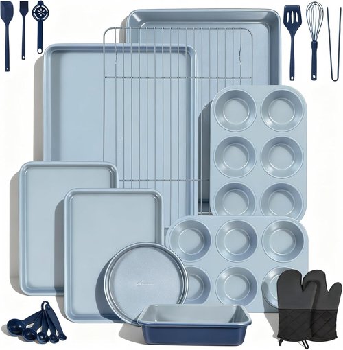 Ammeloo 22-Piece Non-Stick Baking Pans Set - Stackable Bakeware with Oven Mitts & Utensils | Gray & Navy Blue