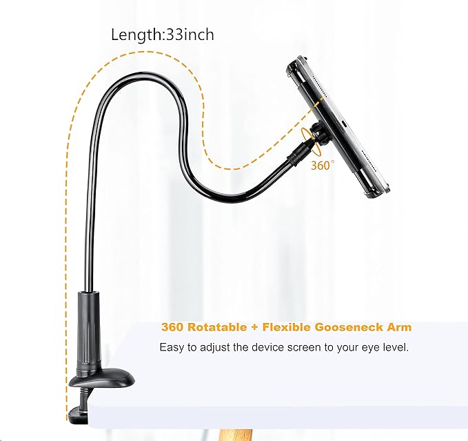 SRMATE Gooseneck Tablet Kindle Holder Stand for Bed Reading,33in Flexible Long Arm Clamp Clip Mount for iPad, iPhone, Galaxy Tabs, Switch, Kindle Fire, Phone 4.7''-10.5'' Tablet Devices