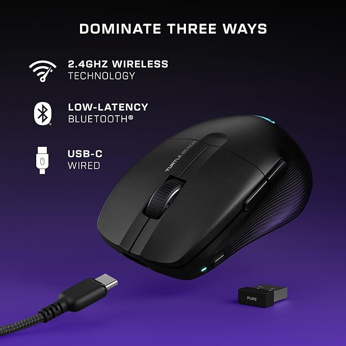 Turtle Beach Pure Air Wireless RGB Gaming Mouse, Ultra-Light 54g Ergonomic Design, 26000 DPI Optical Sensor, 125-Hour Rechargeable Battery, Dual Wireless + Bluetooth, Titan Optical Switches – Black