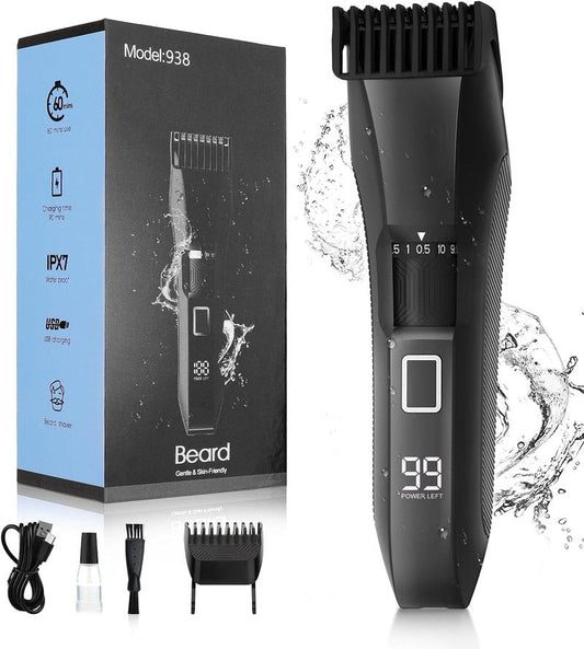 Beatslm Beard Trimmer for Men - Cordless Waterproof Clippers with Adjustable Length & Stainless Steel T-Blade | 2 Guide Combs, LED Display