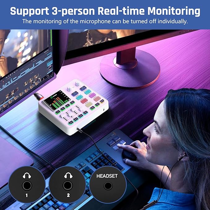 PUPGSIS Gaming Audio Mixer, Audio Interface for PC/Podcast/Streaming, Sound Board with 3.5mm/XLR Mic Input, 48V Phantom Power, Voice Changer, Live Sound Card with DJ Mixer Effects/Bluetooth(White)