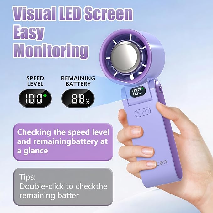 Koucen Portable Handheld Fan Rechargeable 100 Speeds Turbo Ice Cooling Personal Mini Fan Small Foldable 3-IN-1 for Neck/Desk/Hand, Travel Essentials Gifts for Women Men/Violet