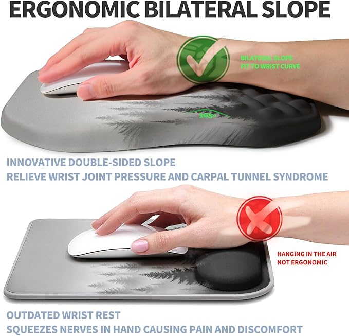 Gleamtide Ergonomic Raised Mouse Pad Wrist Support with Bilateral Slope Memory Foam Mousepad for Wrist Rest and Carpal Tunnel Pain Relief 11.8x7.9〃Forest