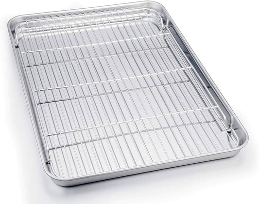 TeamFar Baking Sheet Set - Stainless Steel Half Size Cookie Sheet with Cooling Rack, 20” x 14” x 1”, Non-Toxic & Dishwasher Safe