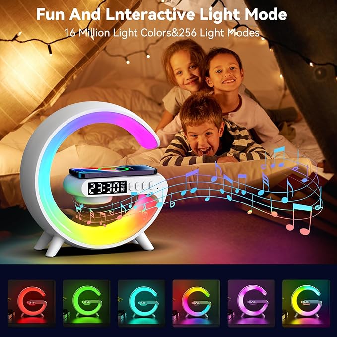 XCDIFA Mini LED Table Lamp with 4-in-1 Wireless Charger, Night Light, Sunrise Alarm Clock, Bluetooth Speaker, Smart Atmosphere Table Lamp for Bedroom, Office, Home Decor (White)