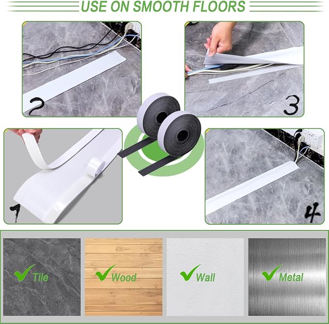Floor Cable Covers - Oxford Fabric Cord Protector with Adhesive Hook & Loop,Waterproof Wire Storage Sleeve for Any Floor Surface,Durable Cable Management to Prevent Tripping Hazards (White, 20ft)