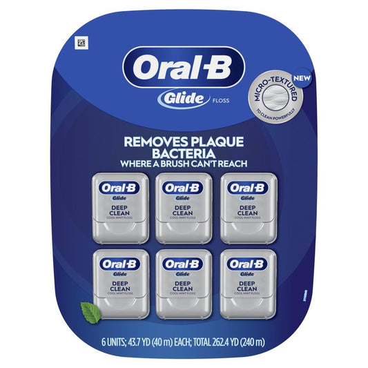 Oral-B Glide Deep Clean Dental Floss, Cool Mint, 6 Pack (262.4 YD Total) - Shred-Resistant Smooth Dental Tape for Tight Spaces