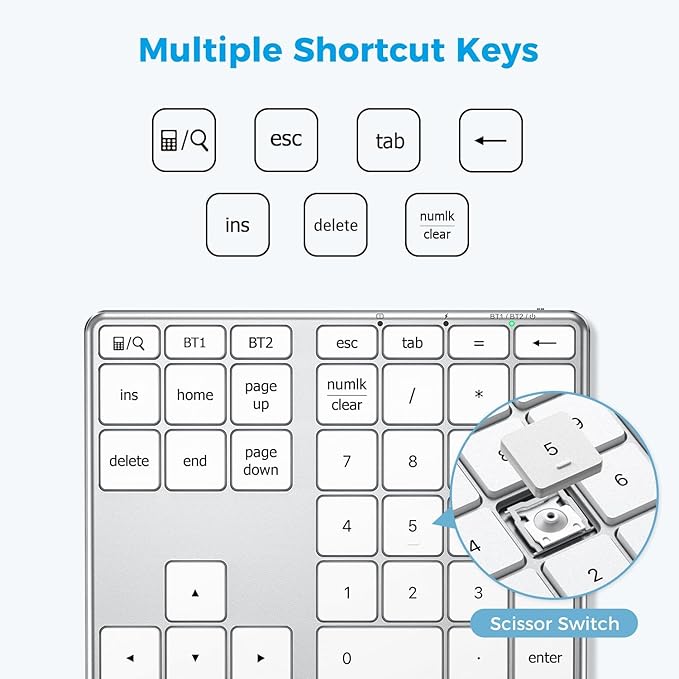 iClever Bluetooth Number Pad, Aluminum 34-Key Wireless Numeric Keypad, USB-C Rechargeable Numpad Keyboard for Data Entry and Accounting, Compatible with Laptop, Mac, Surface Pro, PC Desktop