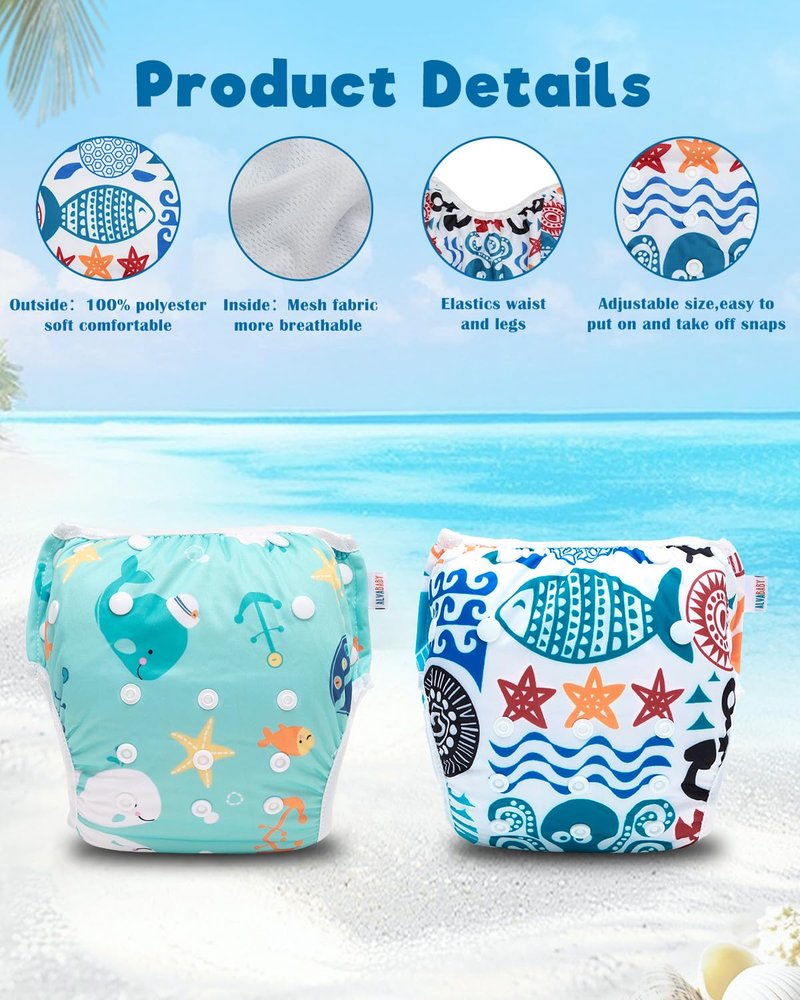 ALVABABY Reusable Swim Diapers for Babies & Toddlers - Adjustable Snap Design | Cartoon Fish, One Size