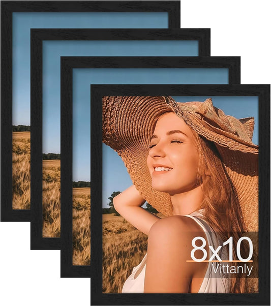 Vittanly 8x10 Picture Frame Set of 4 - Display 5x7 or 8x10 Photos | Shatter-Resistant Plexiglass, Black