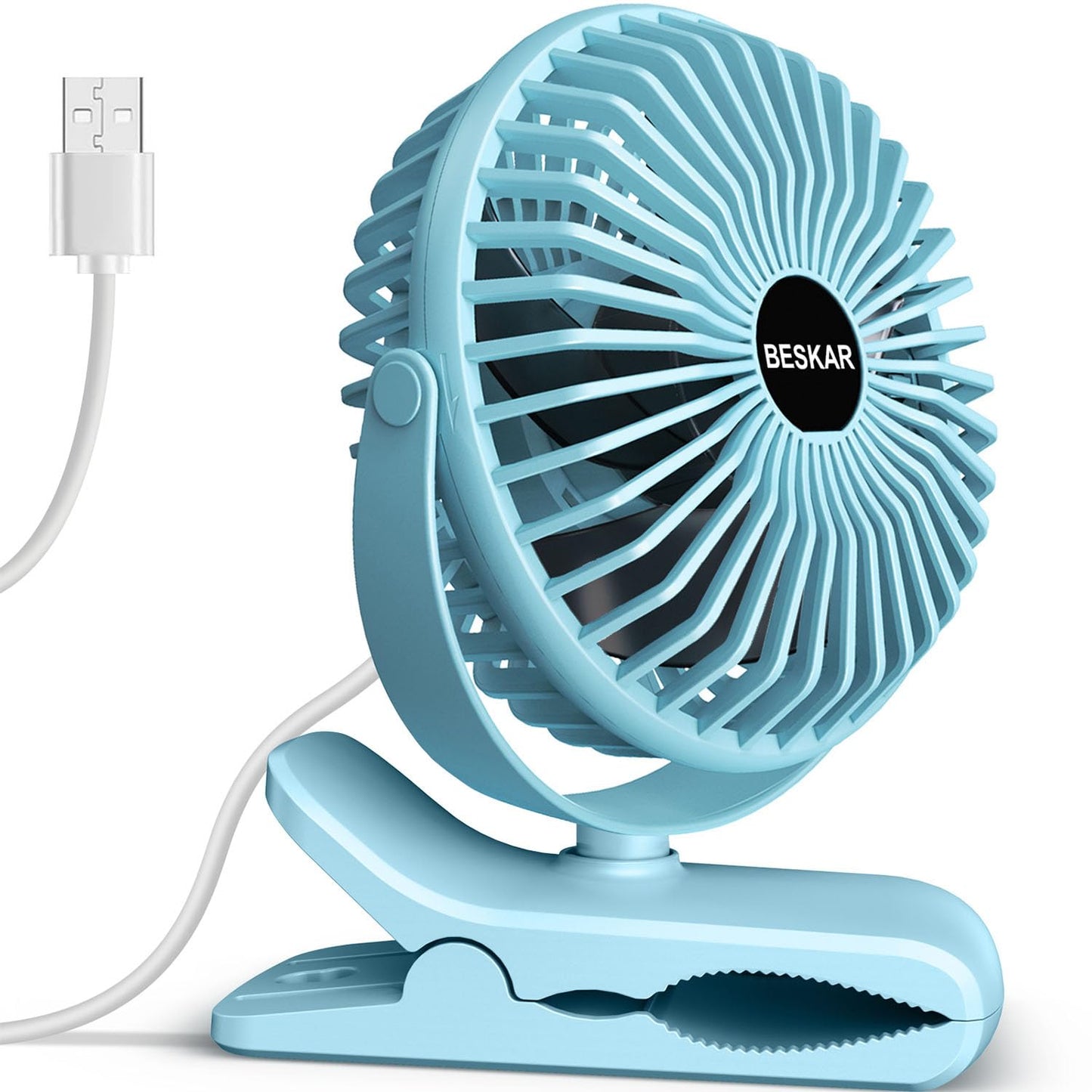 BESKAR Clip on Fan, Portable Small Desk Fans with Strong Airflow, 3 Speeds with Personal Fans Sturdy Clamp, Quiet Desk Fan & Clip Fan with USB Cord Powered - No Battery