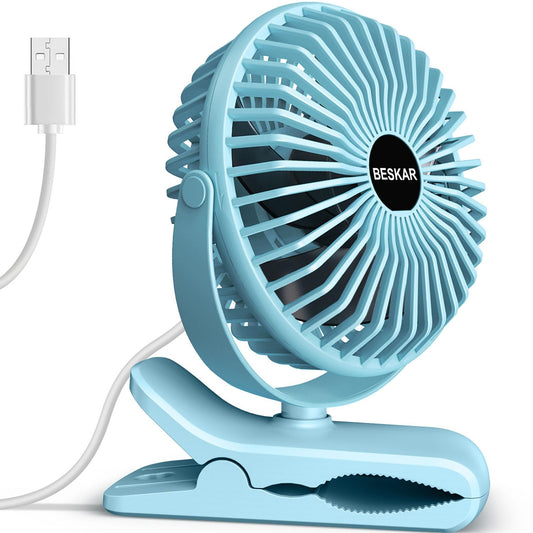 BESKAR Clip on Fan, Portable Small Desk Fans with Strong Airflow, 3 Speeds with Personal Fans Sturdy Clamp, Quiet Desk Fan & Clip Fan with USB Cord Powered - No Battery