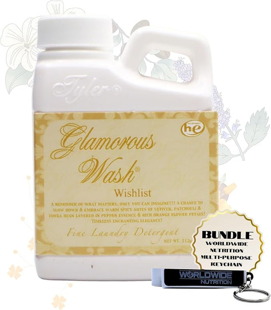 Worldwide Nutrition Bundle: Tyler Glamorous Wash Wishlist Scent Fine Laundry Liquid Detergent - Hand and Machine Washable - 4 oz, 112-gram Container and Multi-Purpose Key Chain